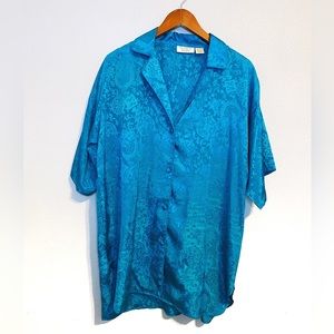 Vintage Victoria's Secret Gold Label Aqua Blue Floral Button Down Pajama Shirt
